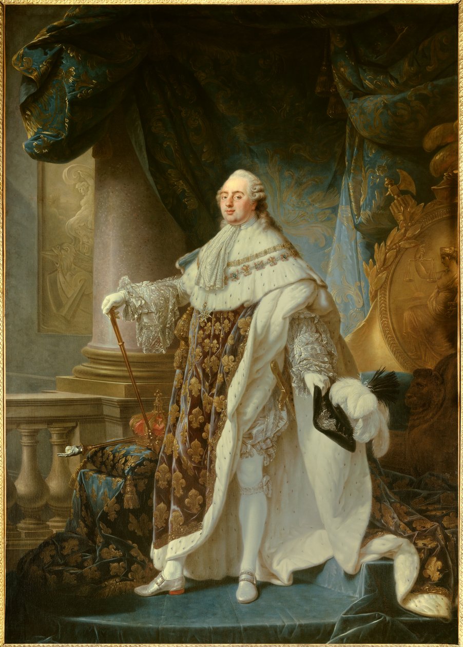 Portré en pied du roi de France XVI. Lajos (1754-1793), nagy királyi jelmezt viselő 1779-ben Antoine Francois (Antoine-Francois) Callet (1741-1823) festménye 1779 Dim. 2,7x1,89 m - - XVI. Lajos (1754-1793) francia király portréja koronátjában alkotó: Antoine François Callet
