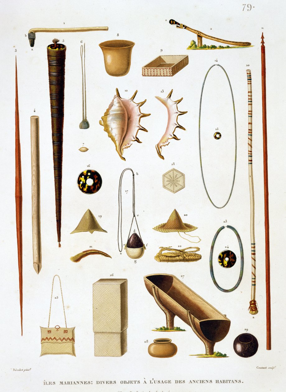 Háztartási eszközök és fegyverek a Marianas-szigetekről, a Voyage autour du Monde-ból (1817-20), Louis Claude De Saulces de Freycinet (1779-1842) vésette: Jean Louis Denis Coutant (1776-1831), p. alkotó: Antoine Germain Bevalet