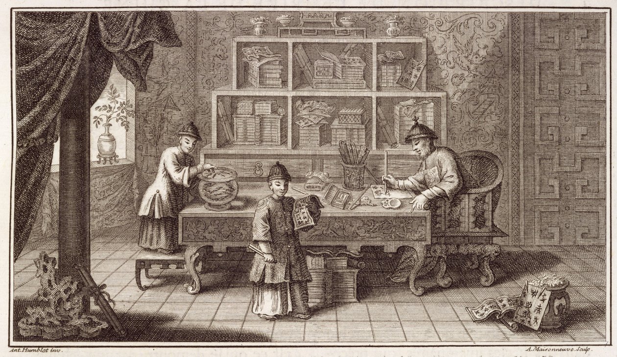 Kínai kalligráfia bolt, a kínai holland nagykövetség beszámolójából, A. Maisonneuve metszete, 1670-es évek alkotó: Antoine Humblot