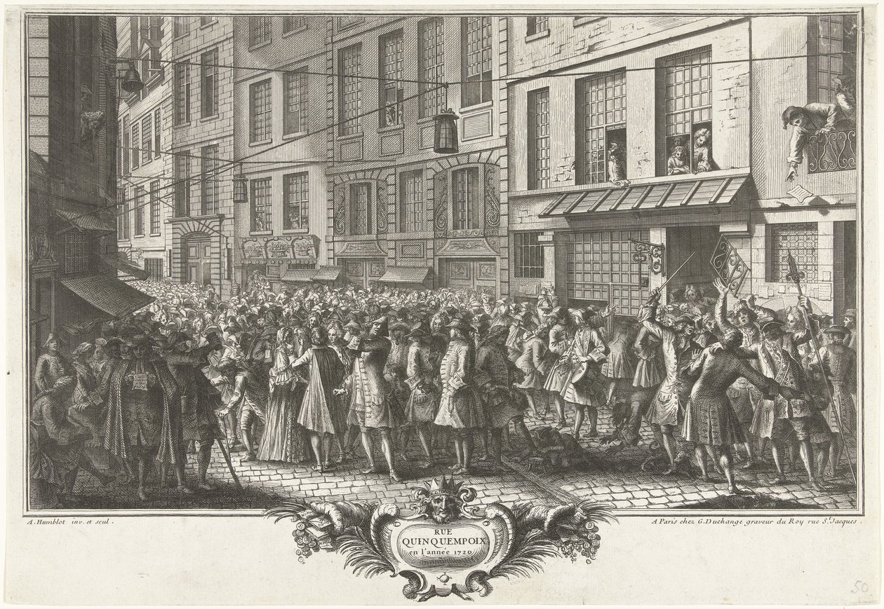 A Rue Quinquempoix-ról, 1720 Rue Quinquempoix 1720-ban (cím a tárgyon) Het Groote Tafereel der Dwaasheid (sorozat címe) alkotó: Antoine Humblot