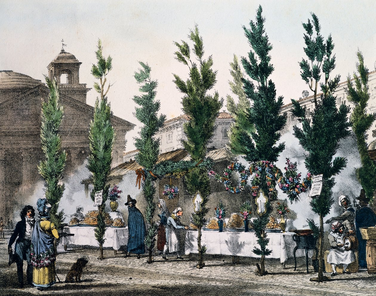 Ételsütők a Pantheonban Szent József ünnepén, Antoine Jean-Baptiste Thomas (1791-1834) metszete az Un an a Rome et dans ses environsból (Egy év Rómában és környékén), Franciaország alkotó: Antoine Jean Baptiste Thomas