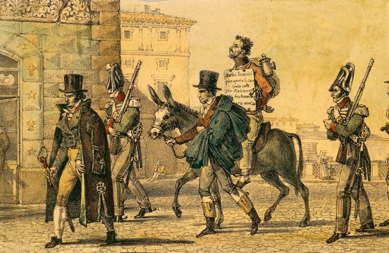 A büntetés azzal járt, hogy szamárháton vezették az utcákon, Jean-Baptiste-Antoine Thomas (1791-1833) litográfiája az Un Rome-ból alkotó: Antoine Jean Baptiste Thomas