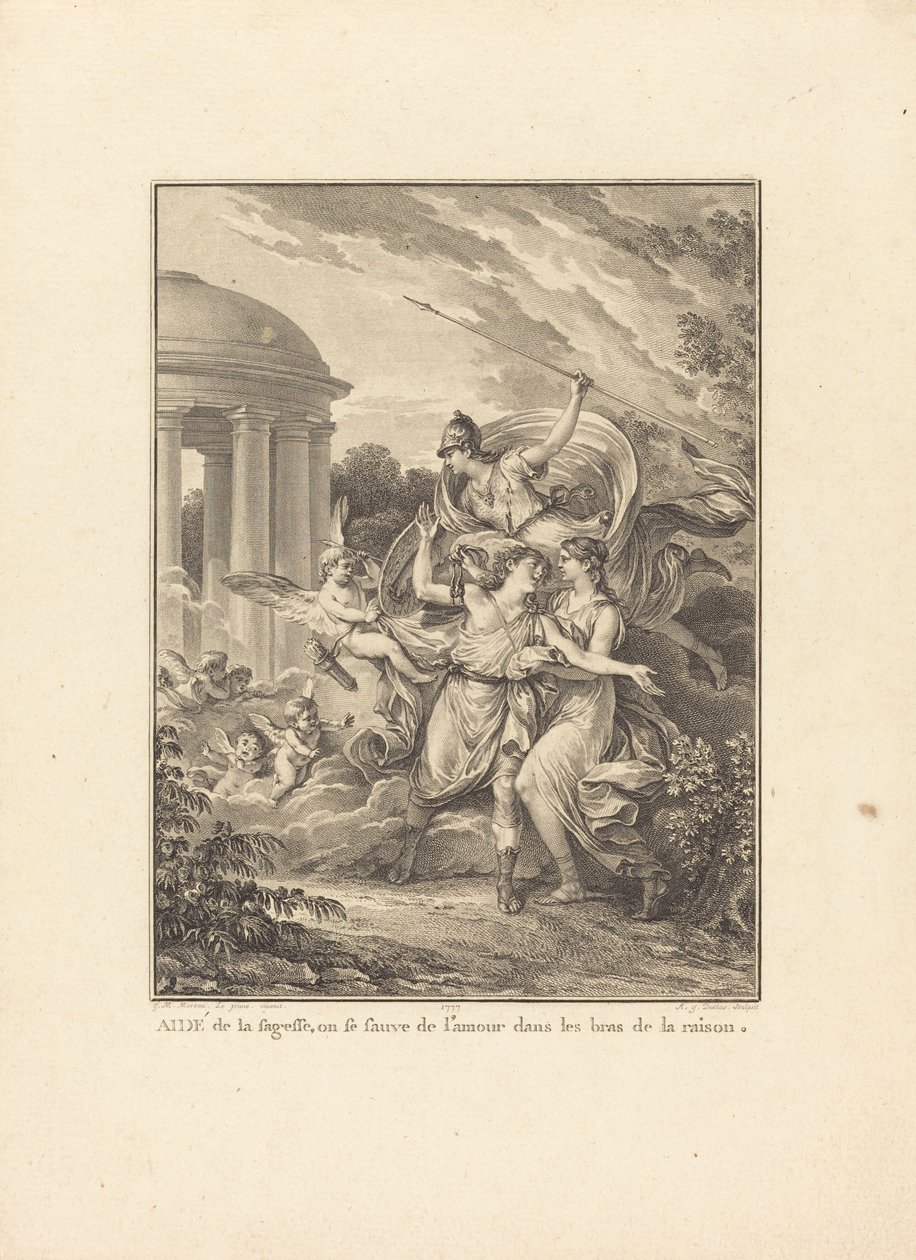 Elülső rész: A bölcsesség segítségével a szerelem elől az értelem karjaiba menekülünk alkotó: Antoine Jean Duclos after Jean Michel Moreau