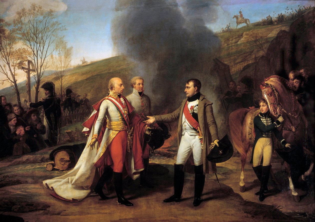 I. Napóleon (1769-1821) és II. Francois (1768-1835) interjúja a morvaországi Sarutschitzban az austerlitzi csata után, 1805. 04. 12. Hátrahagyva II. Ferenc, I. Liechtensteini János (1760-1836). Antoine Jean Gros (1771-1835) festménye. 19. század. Homályos. alkotó: Antoine Jean Gros