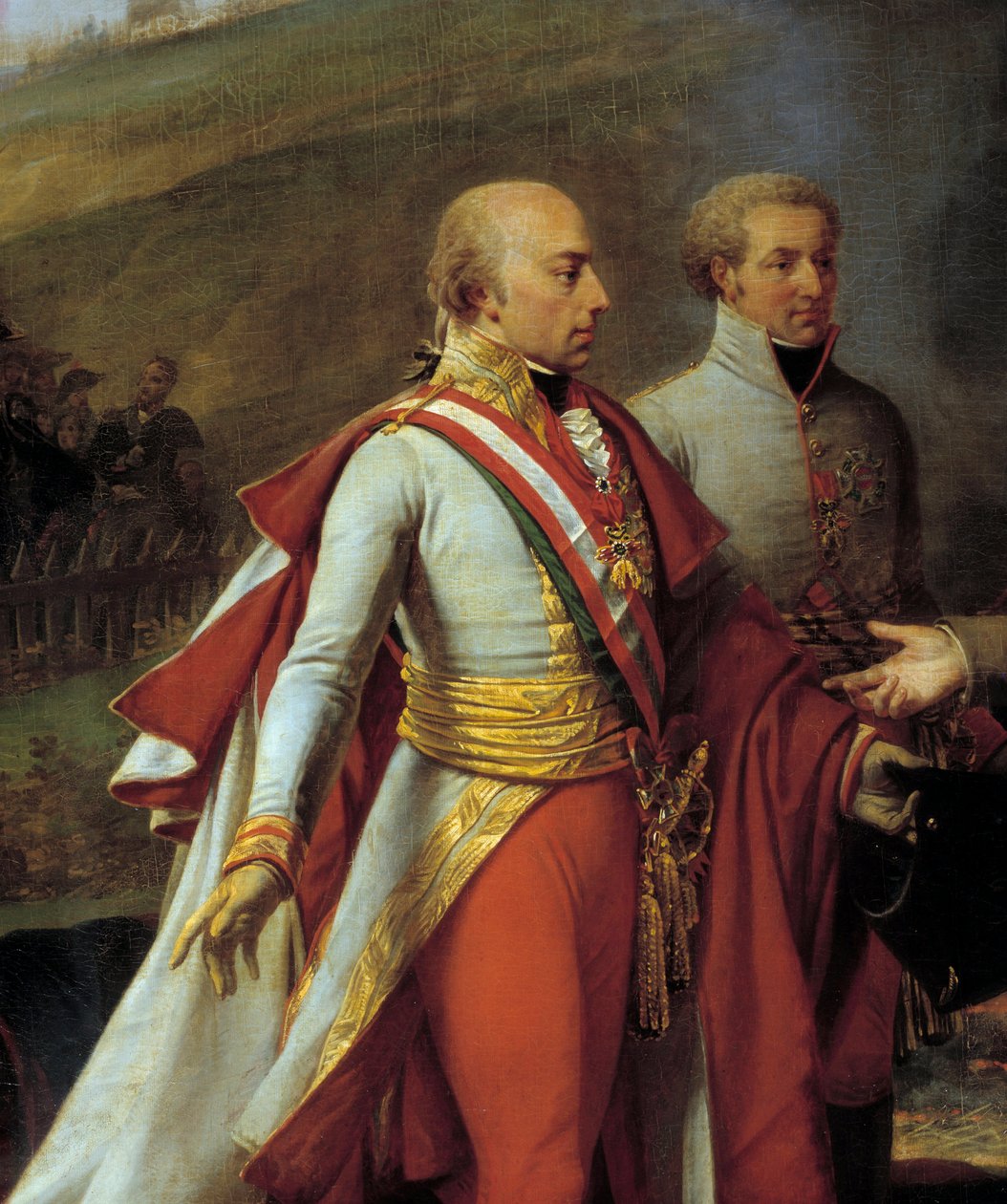 Interjú I. Napóleonnal (1769-1821) és II. Francoisszal a morvaországi Sarutschitzban az austerlitzi csata után, 1805. 04. 12. Részlet II. Ferenc osztrák (1768-1835) (balra) és I. Liechtensteini János (1760-1836) reprezentációjáról ) (jobb). Antoine Jean fe alkotó: Antoine Jean Gros