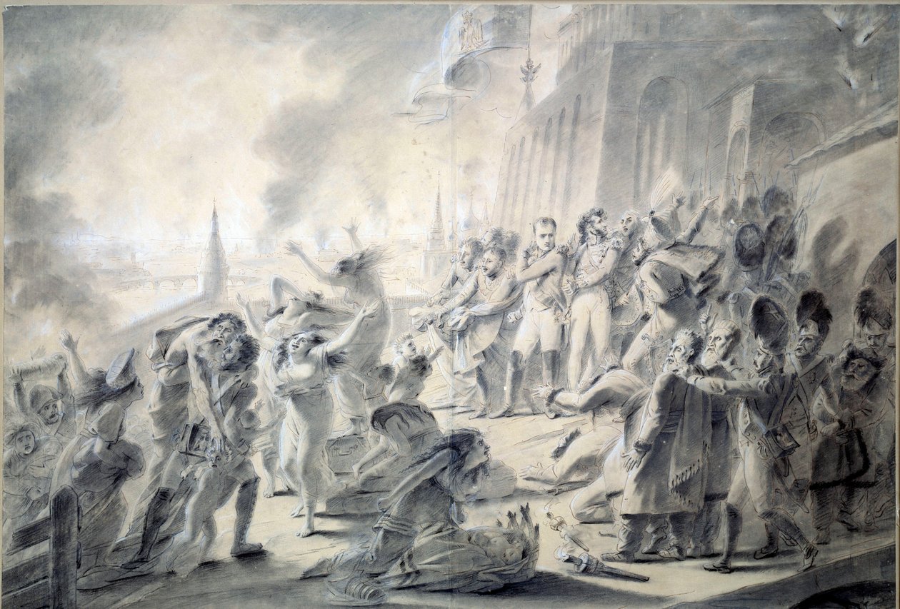 Moszkvai tűzvész 1812.09.15. A város kormányzója, Rostopchina gróf I. Napóleon érkezésekor felgyújtotta a várost. Antoine Jean Gros (1771-1835) rajza barna tintával, mosóval, tollal, ceruzával és gouache-val, 1812 Dim. 0,57x0,84 m Párizs, Louvre Múzeum alkotó: Antoine Jean Gros