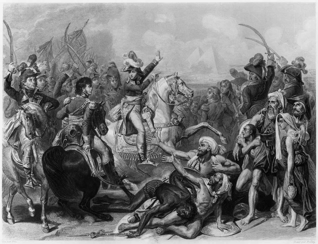 Napóleon Bonaparte a piramisok csatájában, vésette Jean Jacques Frilley (sz. 1797) alkotó: Antoine Jean Gros