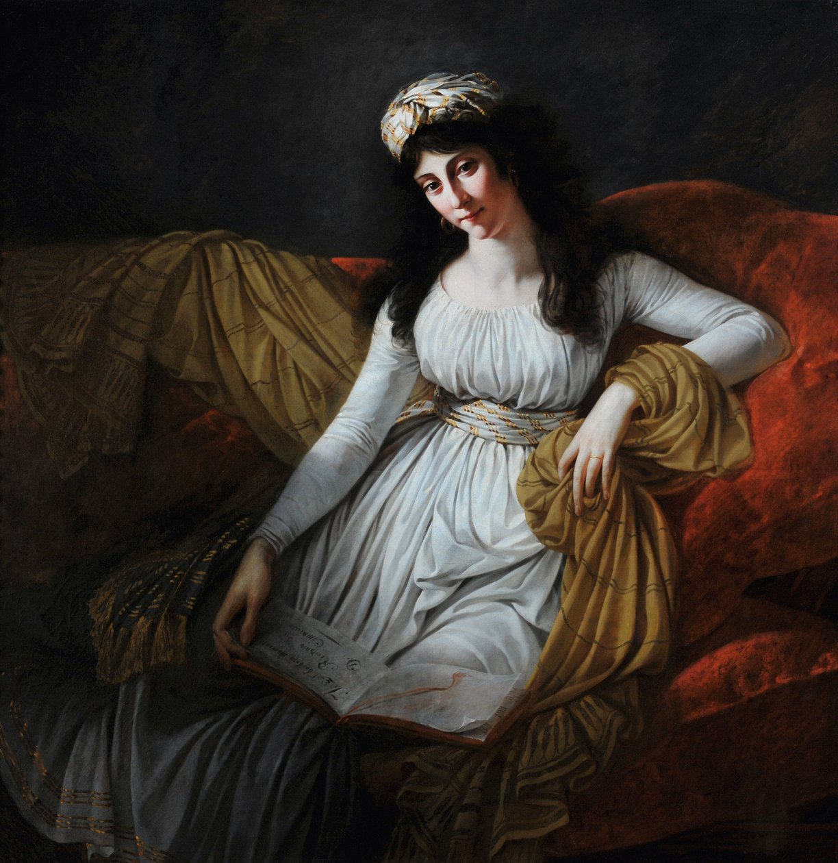 Madame Fravega portréja (felirat az "In qual barbaro momento recitativo by D. Cimarosa" című könyvén) (olaj, vászon) alkotó: Antoine Jean Gros