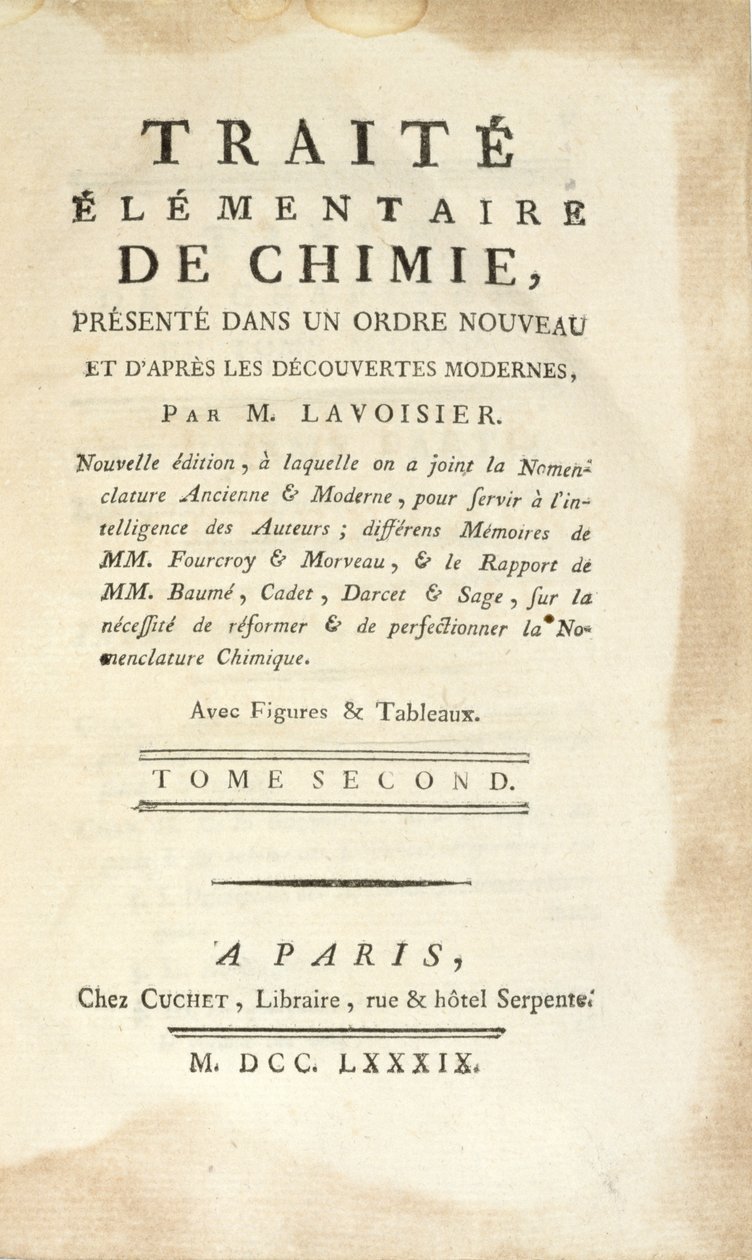A Traite Elementaire de Chimie, Tome II címlapja, Párizsban, 1789 (nyomtatott) alkotó: Antoine Laurent de Lavoisier