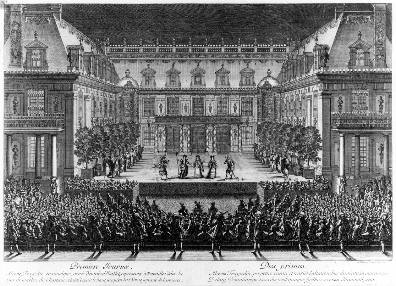 Jean Baptiste Lully (Giovanni Battista Lulli) (1632-1687) „Alceste”-ének ábrázolása a versailles-i kastély márványudvarában a Franche Comte (1674) újjáéledése alkalmából tartott ünnepségek alkalmából. Le Pautre metszete (16 alkotó: Antoine Le Pautre