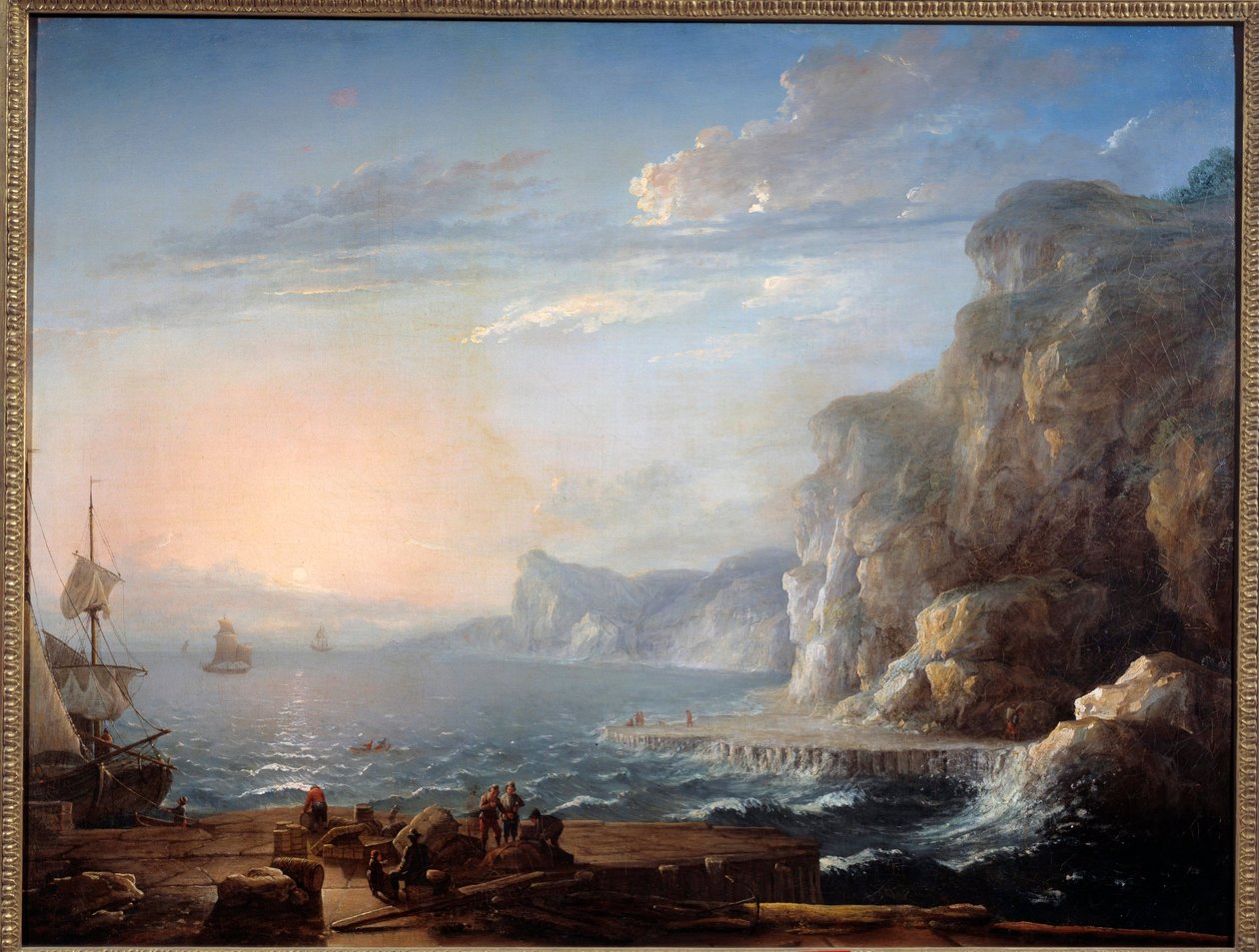Naplemente Sziklákkal és sziklákkal tarkított táj a tengeren, halászokkal az előtérben. Antoine Lebel (1705-1793) festménye 18. század V. 0,9x1,16 m Rouen, musee des Beaux Arts alkotó: Antoine Lebel