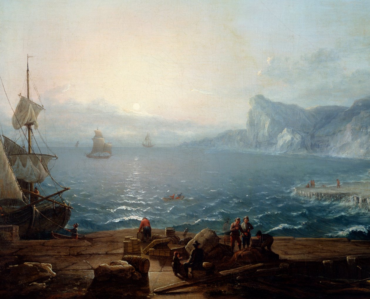 Naplemente Sziklákkal és sziklákkal tarkított táj a tengeren, halászokkal az előtérben. Részlet. Antoine Lebel (1705-1793) festménye 18. század V. 0,9x1,16 m Rouen, musee des Beaux Arts alkotó: Antoine Lebel