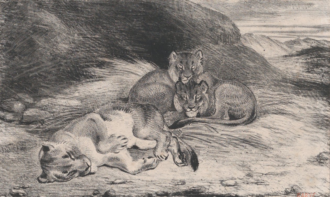 Oroszlán és kölykök, valószínűleg 1832. alkotó: Antoine Louis Barye