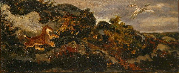 Panther Chasing a Stork (olaj, papír, masonitra szerelve) alkotó: Antoine Louis Barye