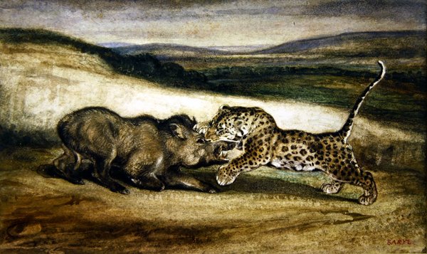 Párduc harcol egy vaddisznóval (akvarell) alkotó: Antoine Louis Barye