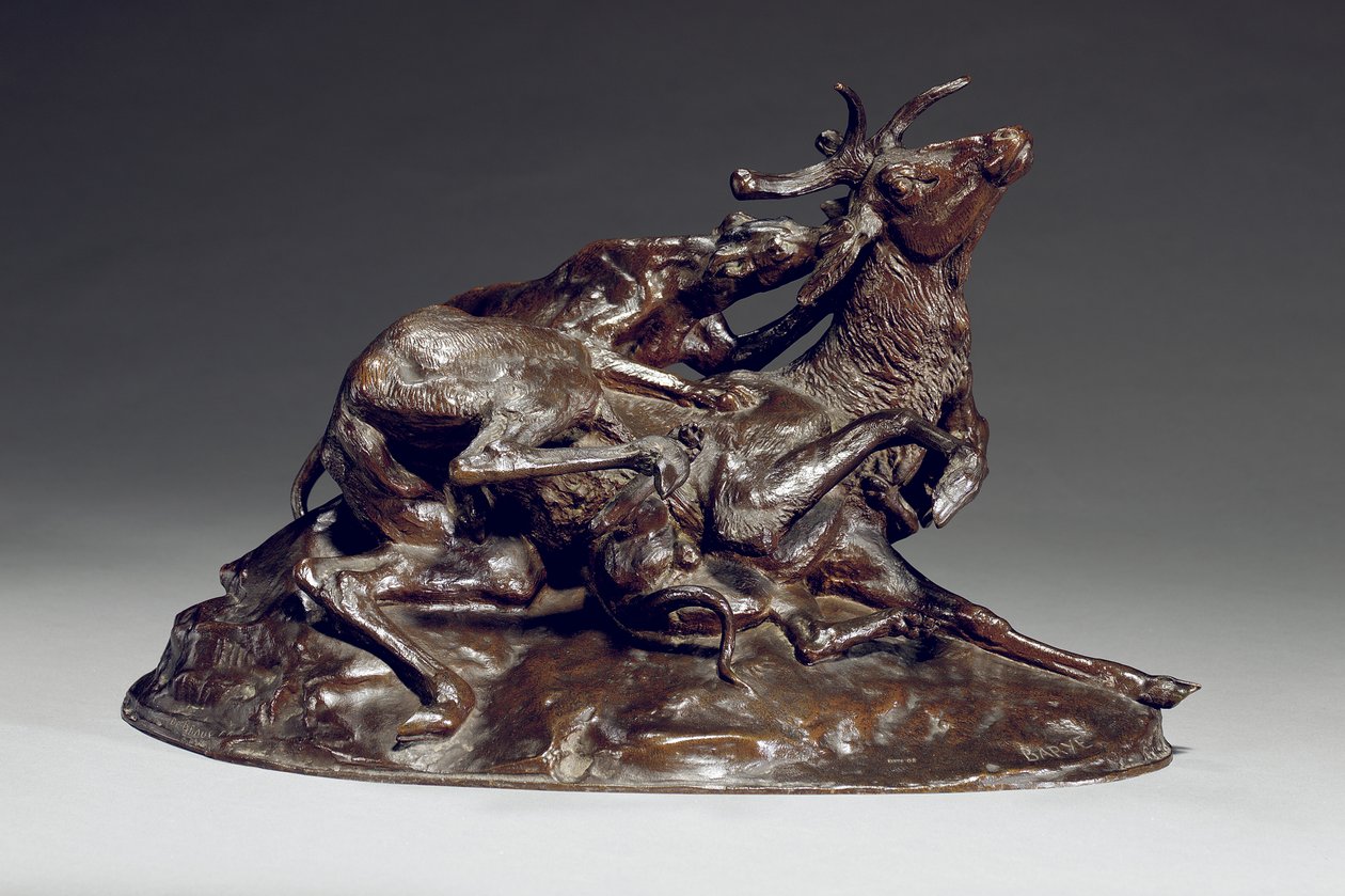 Két agár leütötte a szarvast (bronz) alkotó: Antoine Louis Barye