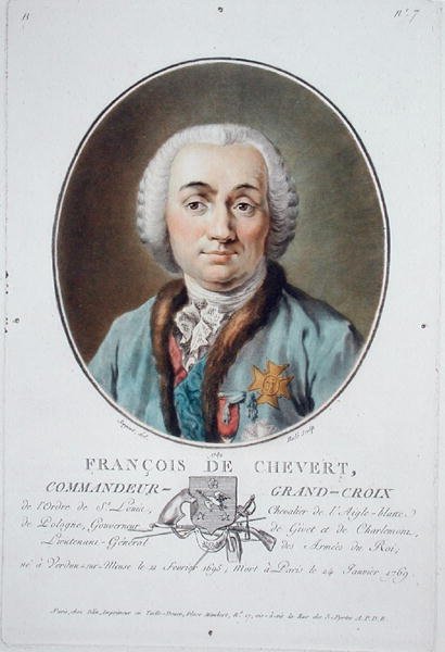 Francois de Chevert (1695-1769) a „Franciaországi nagy férfiak, jeles nők és emlékezetes alanyok portréiból”, Ride metszete, 1787-92 (színes litho) alkotó: Antoine Louis Francois (after) Sergent Marceau