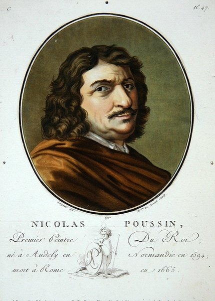Nicolas Poussin, a Pierre Blin kiadásában megjelent „Nagy férfiak, jeles nők és emlékezetes francia alanyok portréi, vésett és színesen nyomtatva” c. alkotó: Antoine Louis Francois (after) Sergent Marceau
