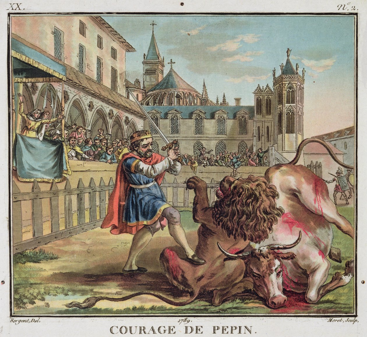 Pepin bátorsága (714-68), vésette: Jean Baptiste Morret (fl. 1790-1820) 1789 (színes metszet) alkotó: Antoine Louis Francois (after) Sergent Marceau