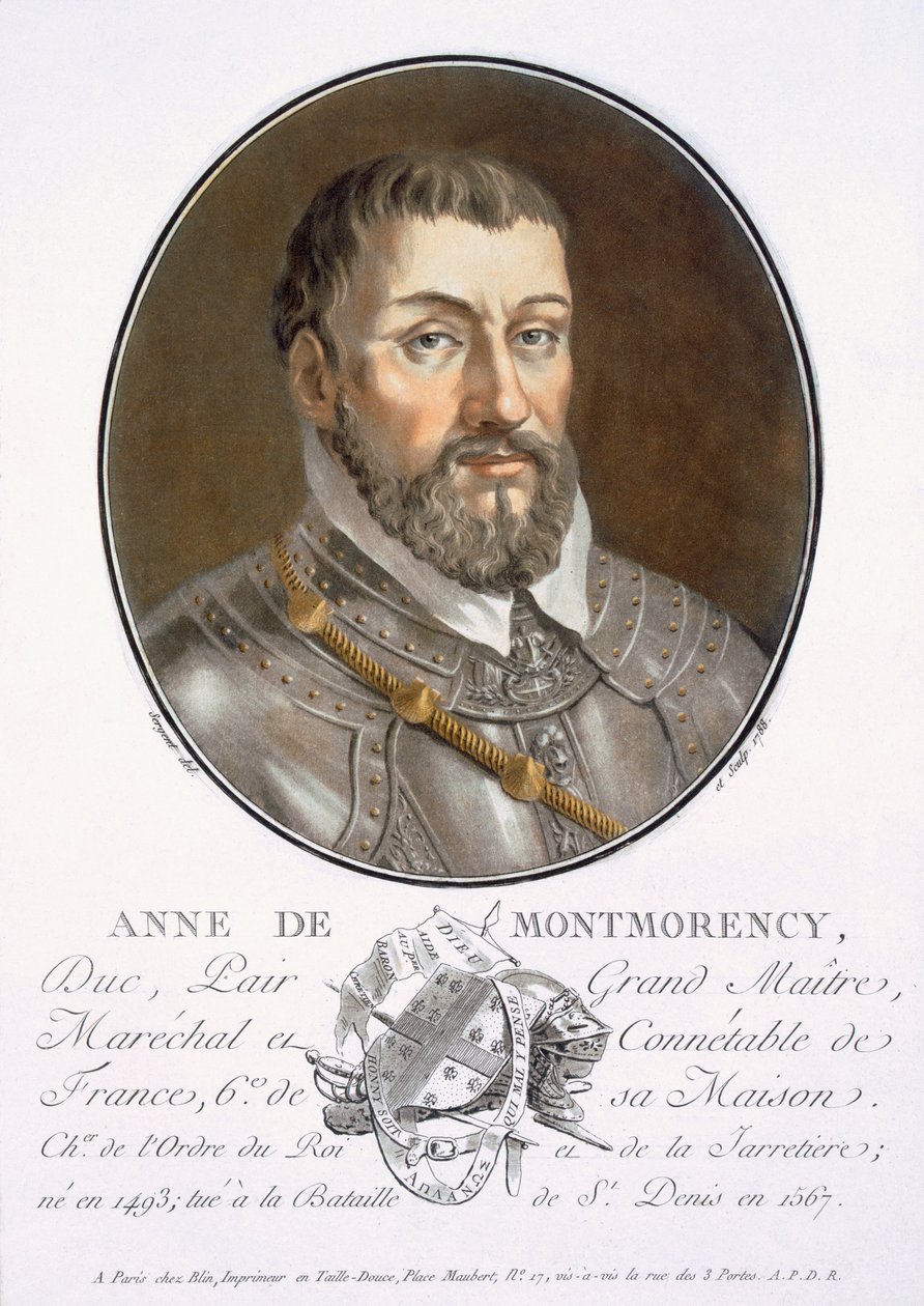 Anne de Montmorency, Nagy férfiak, jeles nők és emlékezetes francia alanyok portréiból, gravírozva és színesben nyomtatva, Pierre Blin, 1786-92, Párizs (színes metszet) alkotó: Antoine Louis Francois Sergent Marceau
