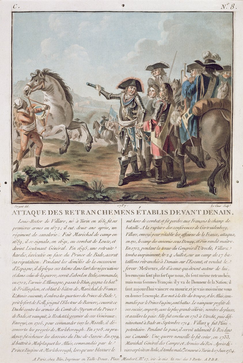 Támadás a Denain előtt létesített árkok ellen, 1712, vésette Louis Le Coeur (fl.1780-1800), 1787 alkotó: Antoine Louis Francois Sergent Marceau
