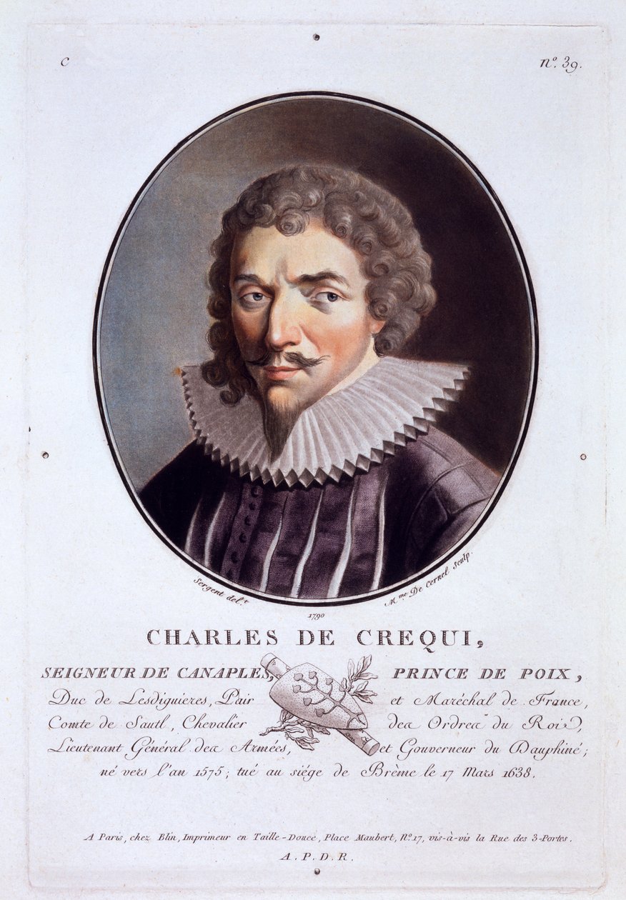 Charles de Crequi, a Nagy férfiak, illusztris nők és emlékezetes francia alanyok portréiból, gravírozva és színesben nyomtatva, Pierre Blin, 1786-92, Párizs (színes metszet) alkotó: Antoine Louis Francois Sergent Marceau