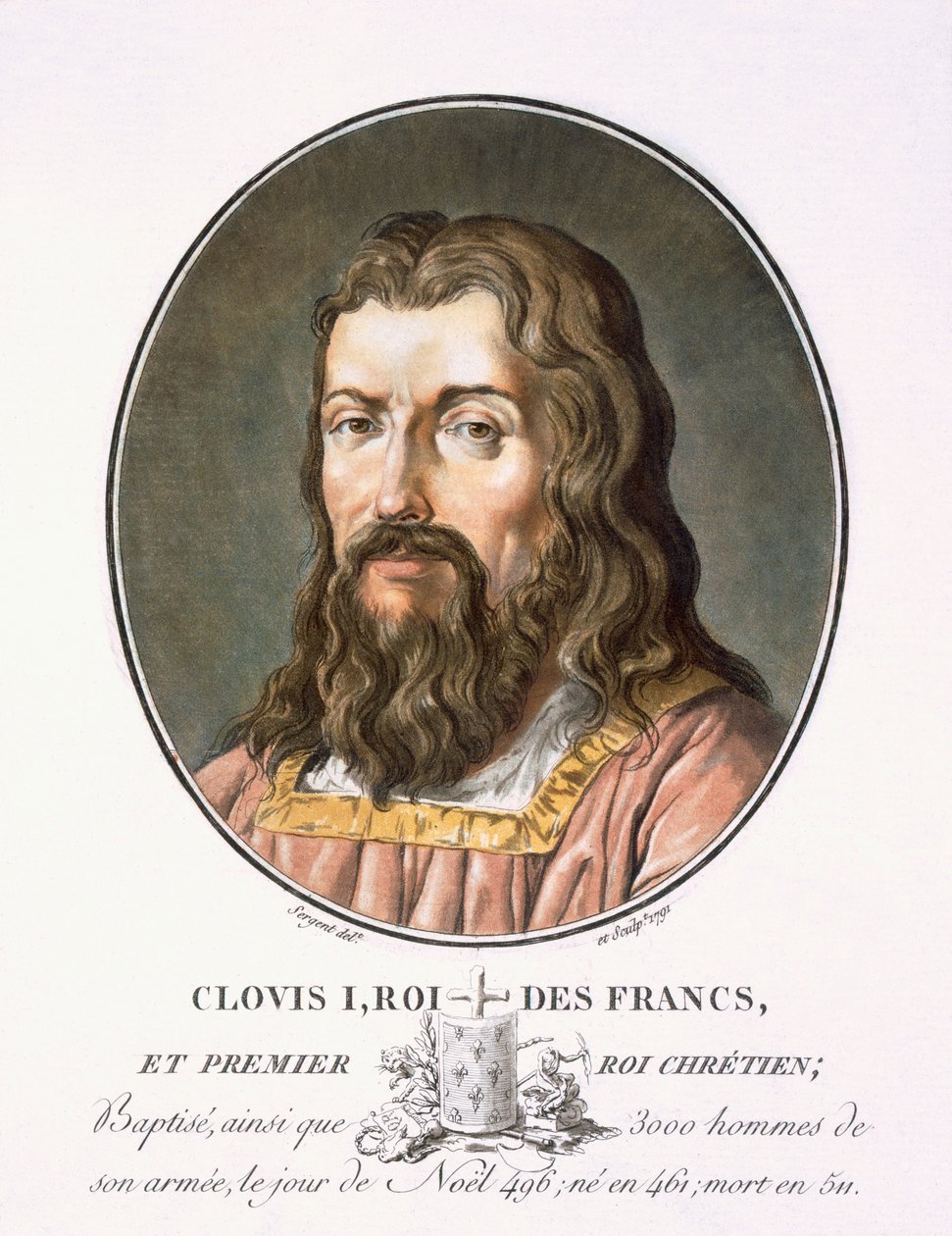 I. Clovis, a "Nagy férfiak, jeles nők és emlékezetes francia alanyok portréiból, vésve és színekkel nyomtatva", Pierre Blin, 1786-92, Párizs (színes metszet) alkotó: Antoine Louis Francois Sergent Marceau