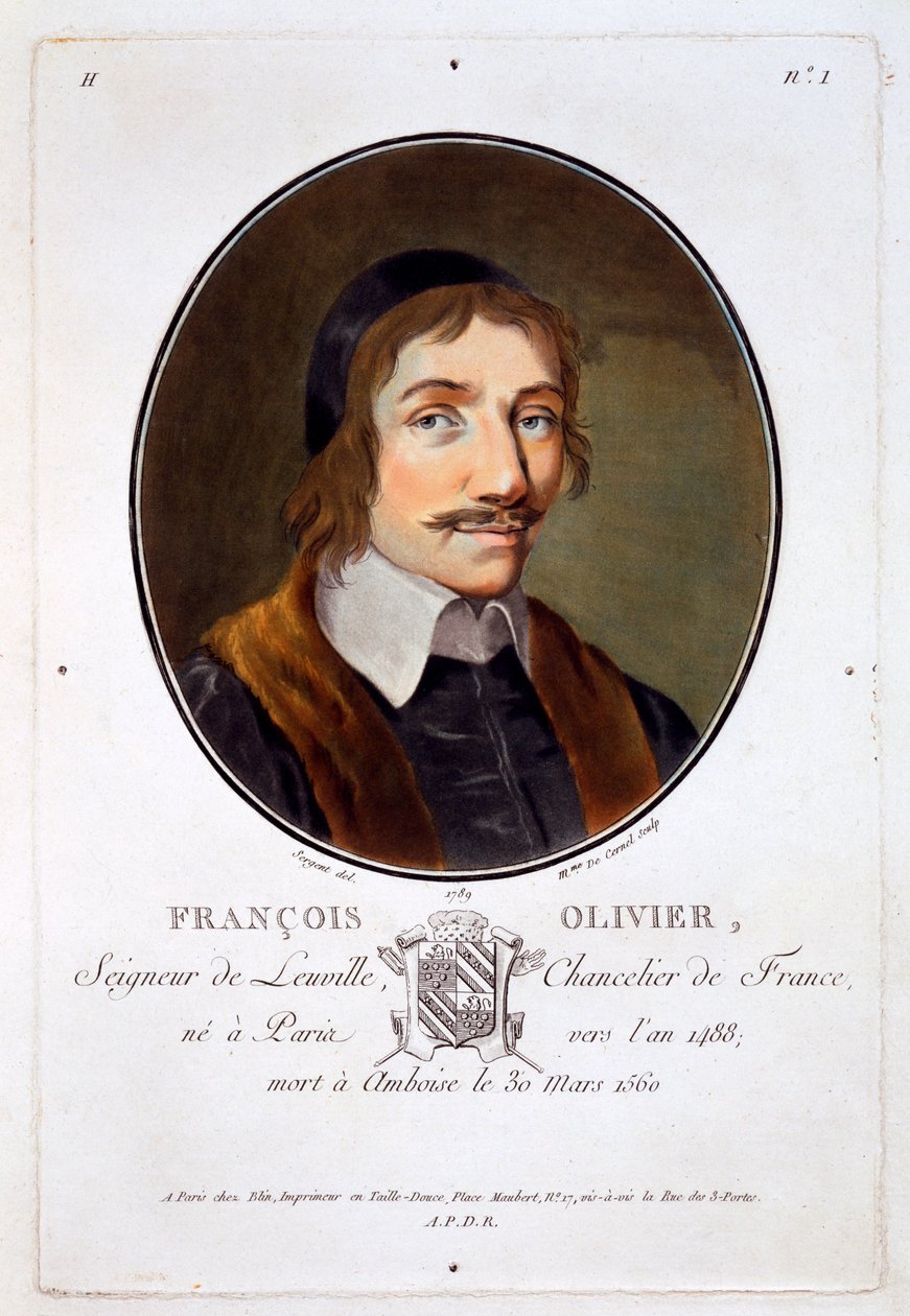 Francois Olivier Seigneur de Leuville, Nagy férfiak, jeles nők és emlékezetes francia alanyok portréiból, metszett és színesben nyomtatva, Pierre Blin, 1786-92, Párizs (colo) alkotó: Antoine Louis Francois Sergent Marceau