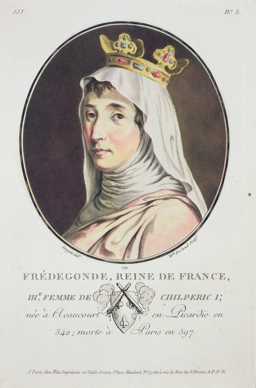 Fredegonde, a frankok királynője, Nagy férfiak, jeles nők és emlékezetes francia alanyok portréiból, gravírozva és színesben nyomtatva, kiadó Pierre Blin, 1786-92, Párizs (színes e alkotó: Antoine Louis Francois Sergent Marceau