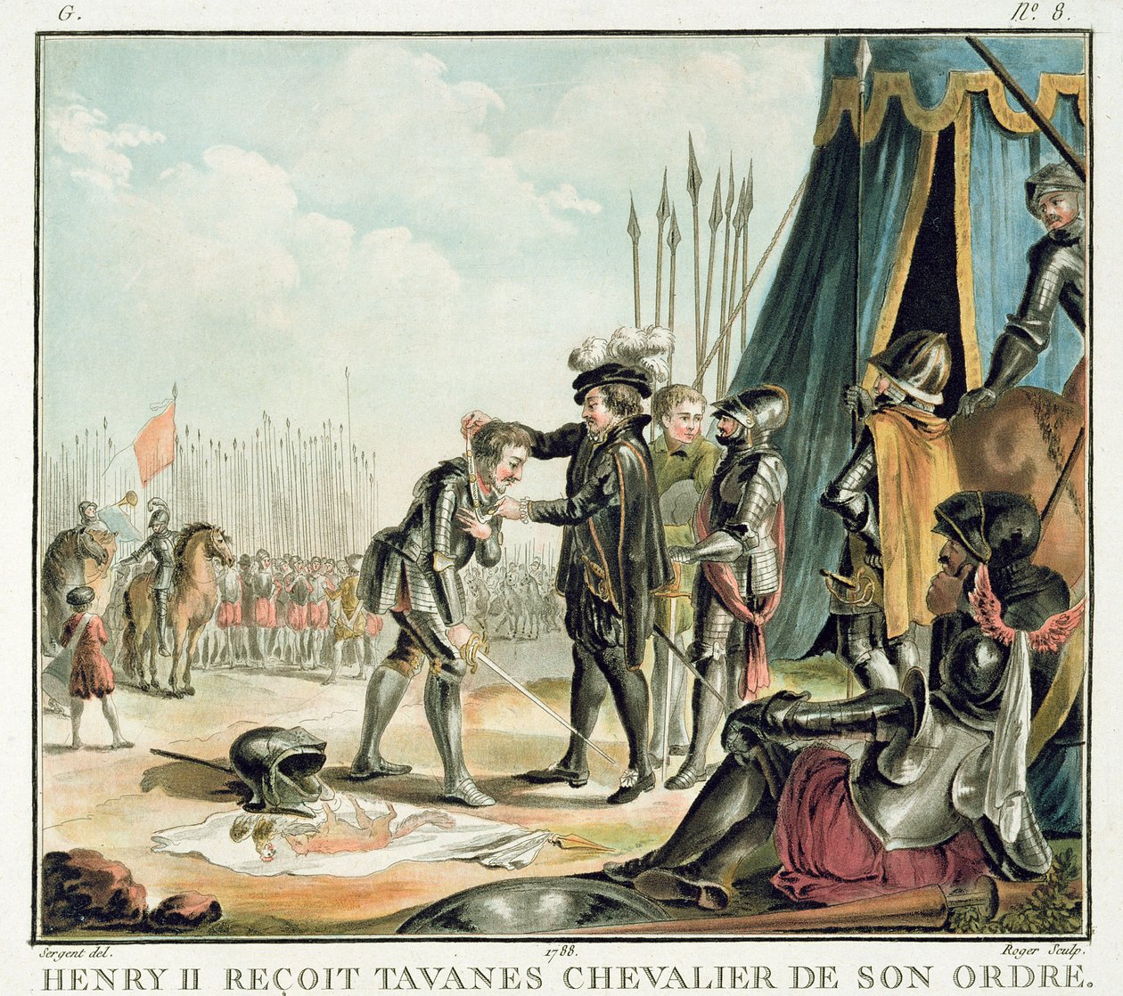 II. Henrik (1519-59) lovagként fogadja Jean de Tavanes-t a rendjébe, vésette Roger, 1788 alkotó: Antoine Louis Francois Sergent Marceau
