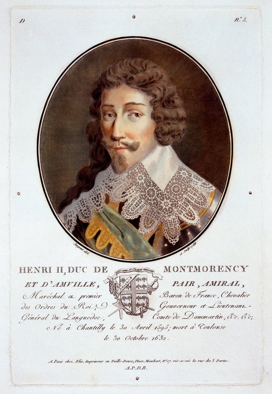 Henri II, Duc de Montmorency et dAmville, Nagy férfiak, jeles nők és emlékezetes francia alanyok portréiból, metszett és színesben nyomtatva, Pierre Blin, 1786-92, Párizs (kb. alkotó: Antoine Louis Francois Sergent-Marceau