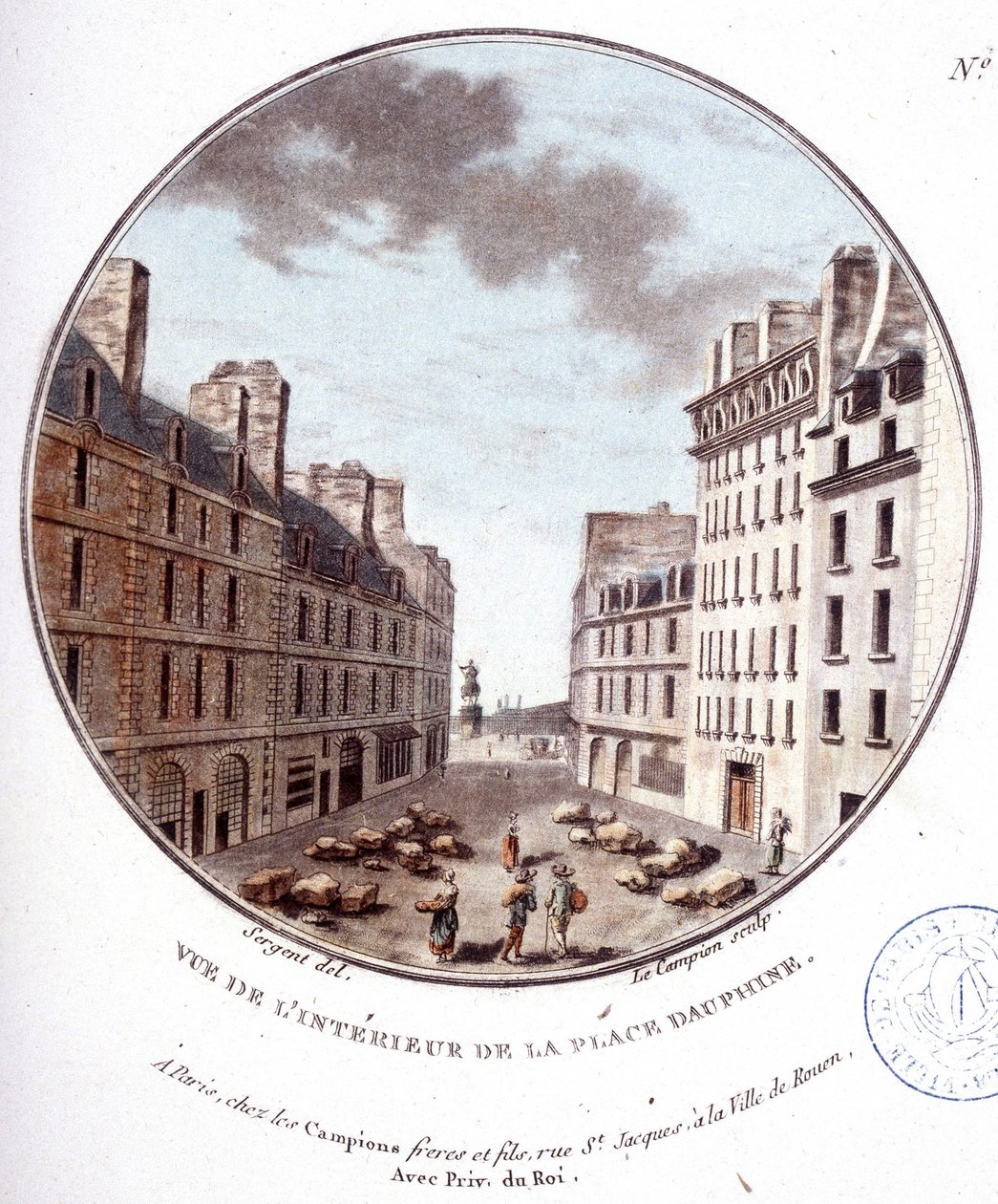Belső nézet a Place Dauphine, Párizs. Őrmester prittoreszk kilátásában Párizs fő épületeire alkotó: Antoine Louis Francois Sergent Marceau