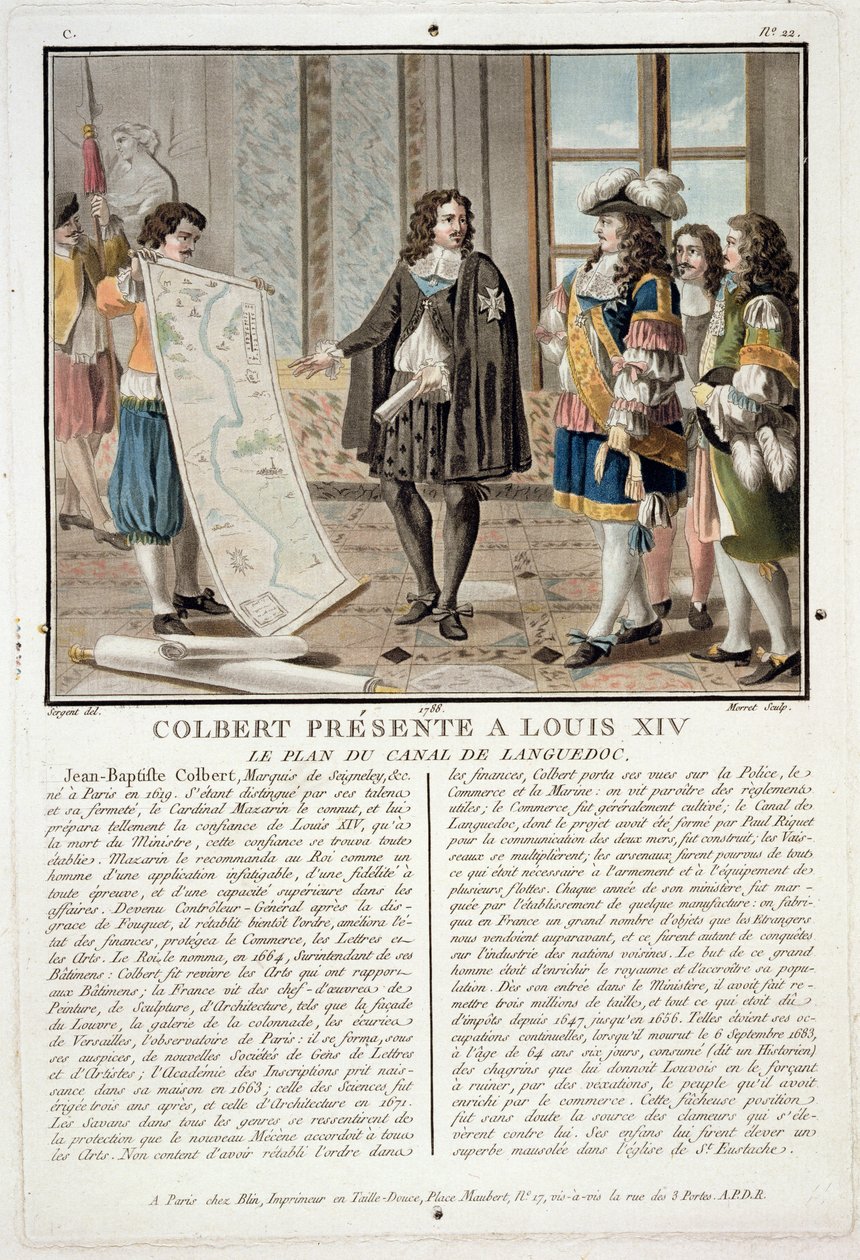 Jean Baptiste Colbert (1619-83) bemutatja XIV. Lajosnak a Canal du Languedoc térképét, amelyet Jean Baptiste Morret (fl.1790-1820) metszett, 1788 alkotó: Antoine Louis Francois Sergent Marceau