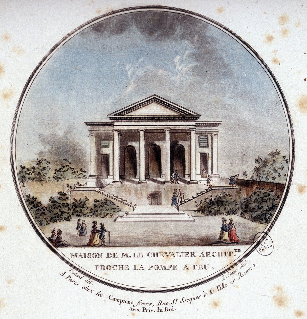 Monsieur le Chevalier háza, építész, Párizs. Őrmestertől Párizs főépületeire nyíló történelmi kilátásban alkotó: Antoine Louis Francois Sergent Marceau