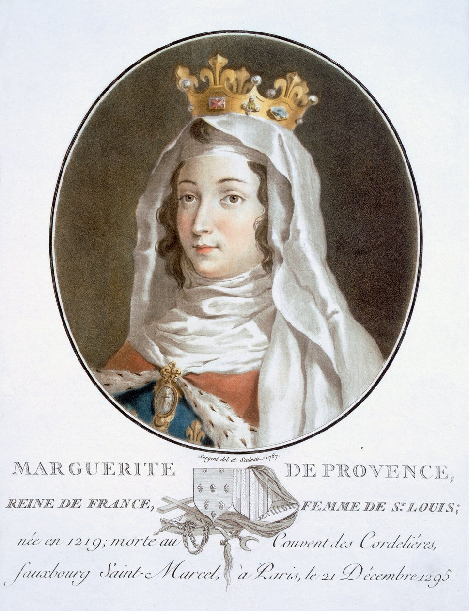 Marguerite de Provence, Nagy férfiak, jeles nők és emlékezetes francia alanyok portréiból, gravírozva és színesben nyomtatva, Pierre Blin, 1786-92, Párizs (színes metszet) alkotó: Antoine Louis Francois Sergent Marceau