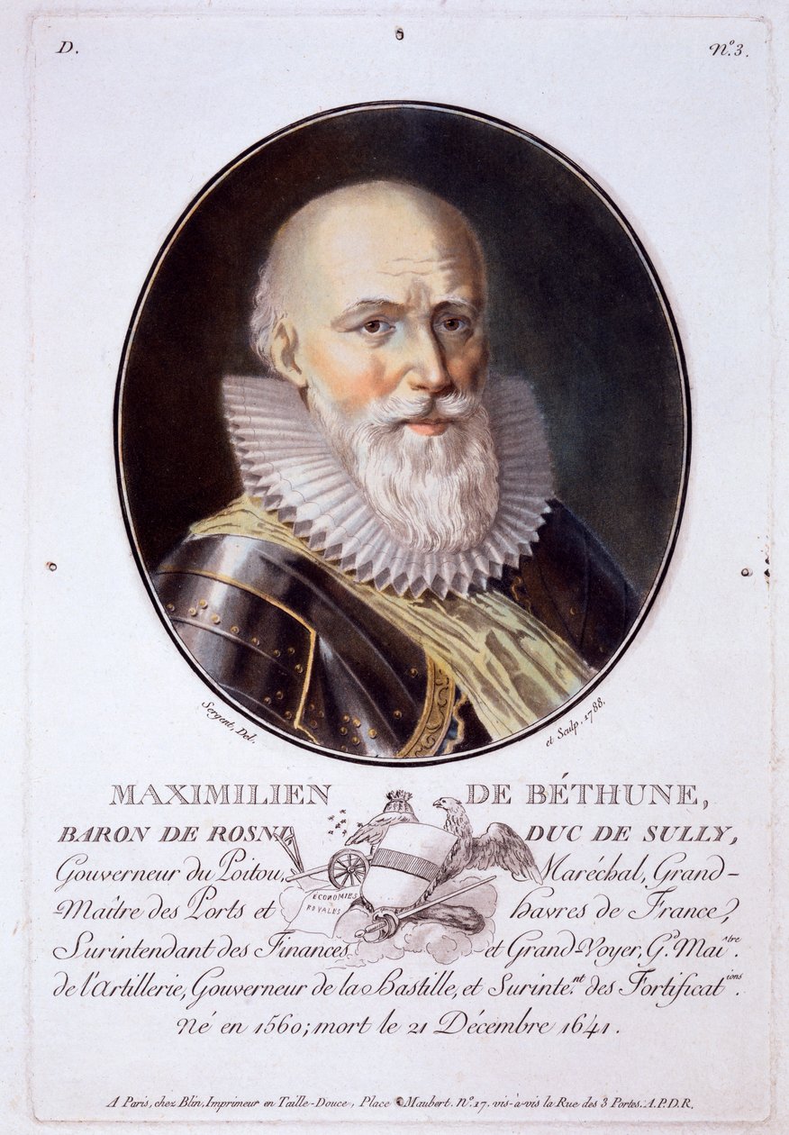 Maximilien de Bethune, Rosni báró és de Sully herceg, Nagy férfiak, jeles nők és emlékezetes francia alanyok portréiból, gravírozva és színesben nyomtatva, Pierre Blin, 178. alkotó: Antoine Louis Francois Sergent Marceau