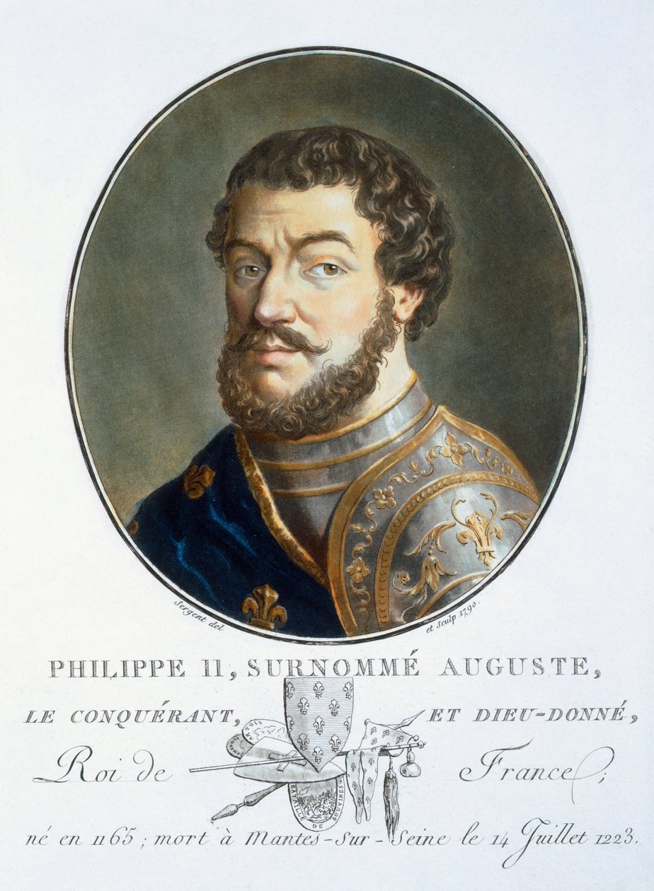 Philippe II Auguste, Nagy férfiak, jeles nők és emlékezetes francia alanyok portréiból, metszett és színesben nyomtatva, Pierre Blin, 1786-92, Párizs (színes metszet) alkotó: Antoine Louis Francois Sergent Marceau