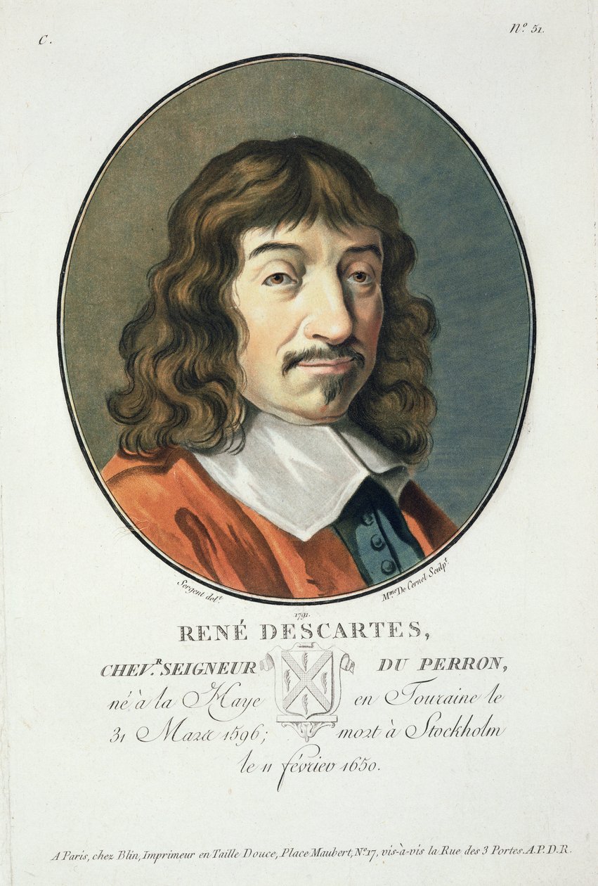 Rene Descartes a "Nagy férfiak, jeles nők és emlékezetes francia alanyok portréiból, vésve és színesen nyomtatva", Pierre Blin, 1786-92, Párizs alkotó: Antoine Louis Francois Sergent Marceau