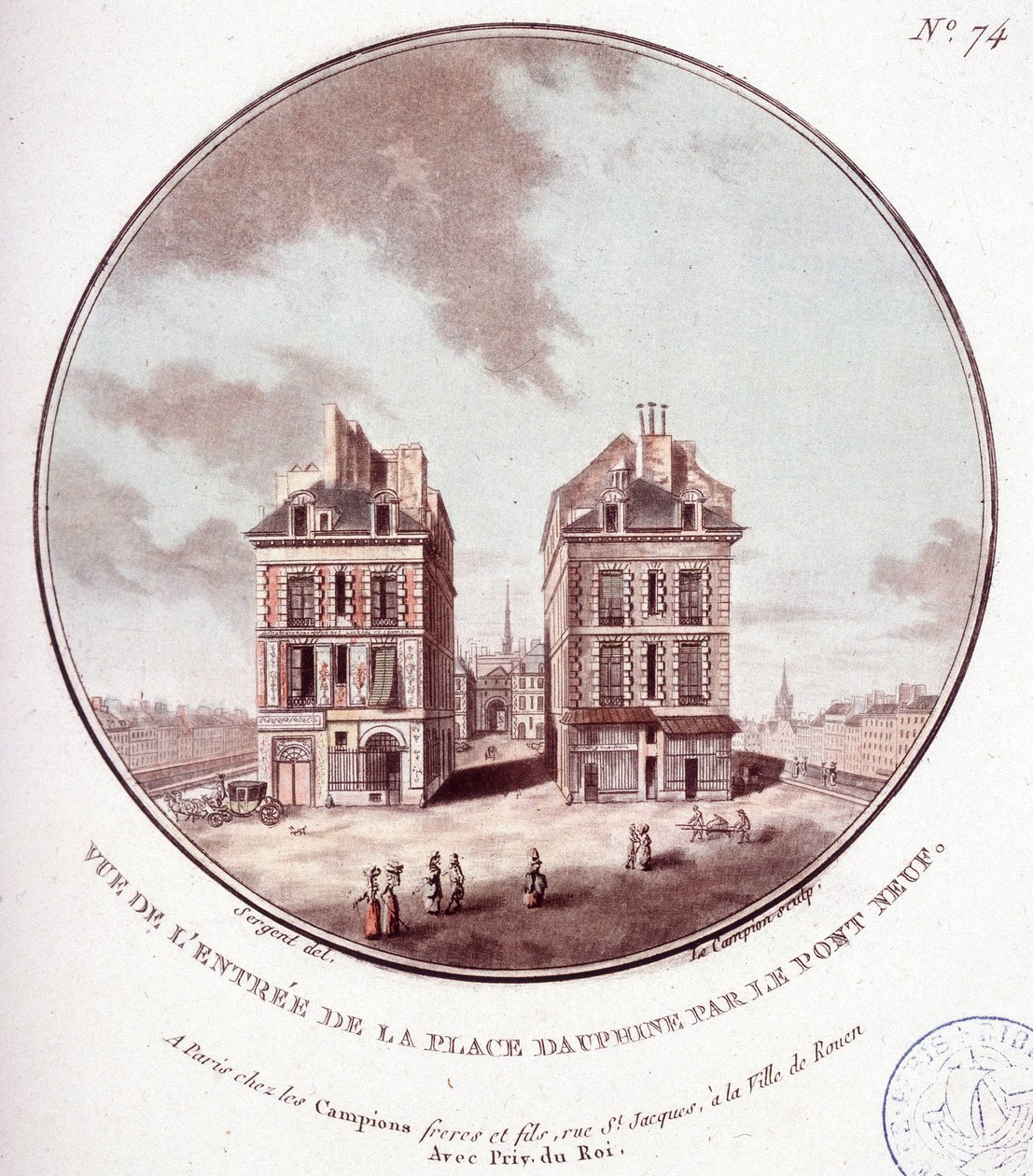 Kilátás a Place Dauphine bejáratára a Pont Neuf mellett, Párizsban. Őrmester prittoreszk kilátásában Párizs fő épületeire alkotó: Antoine Louis Francois Sergent Marceau