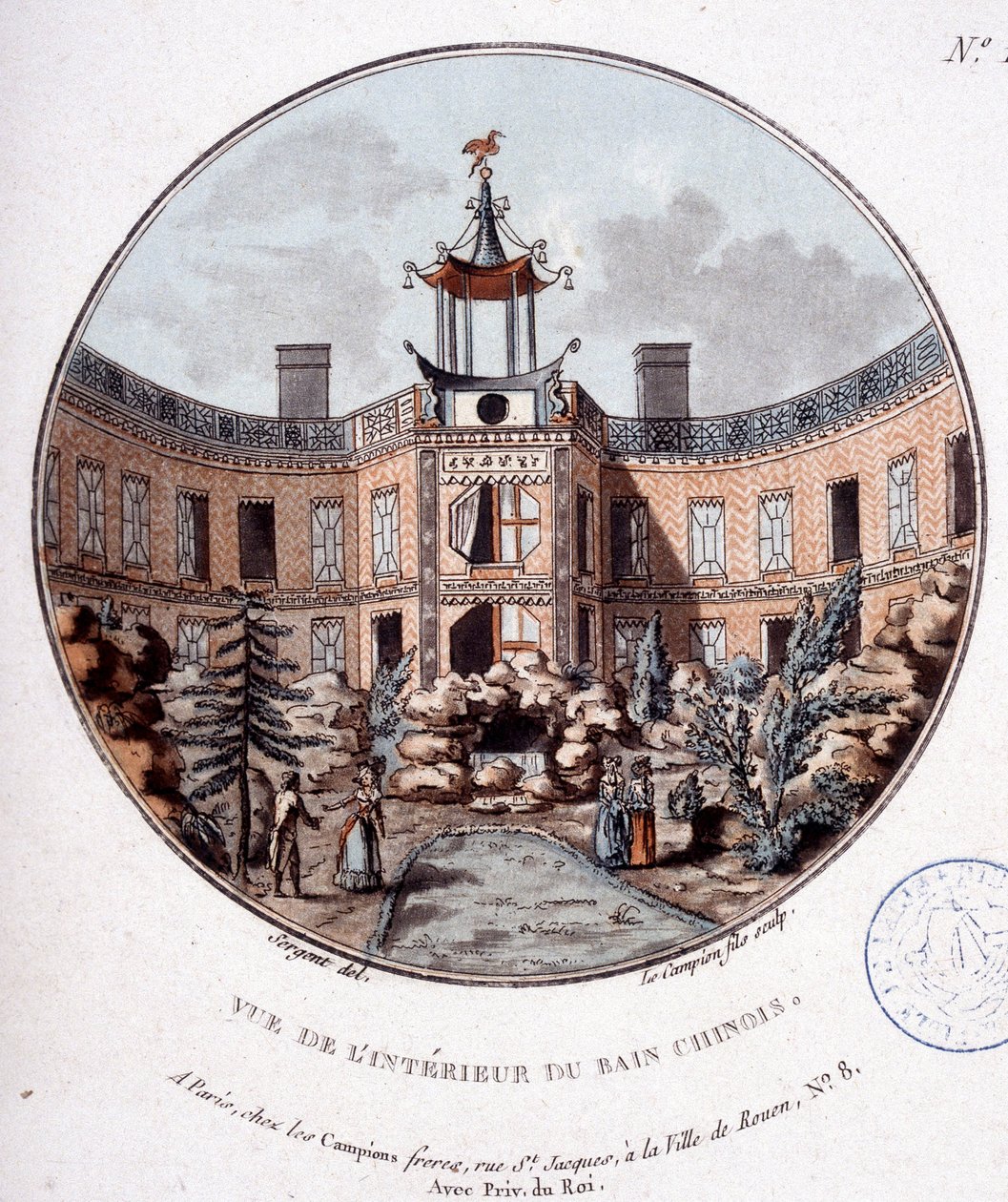 Kilátás a kínai fürdő belsejére, Párizs. Őrmester prittoreszk kilátásában Párizs fő épületeire alkotó: Antoine Louis Francois Sergent Marceau