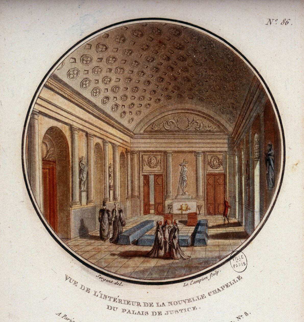 Kilátás a párizsi bíróság új kápolnájának belsejére, amely jelenleg Sainte Chapelle. Őrmester prittoreszk kilátásában Párizs fő épületeire alkotó: Antoine Louis Francois Sergent Marceau
