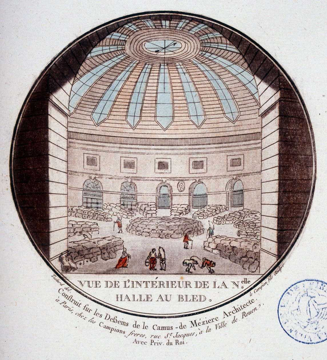Kilátás a Le Camus de Mézières által 1763 és 1766 között épített új vásárcsarnok belsejére, amely ma a párizsi tőzsde. Őrmester prittoreszk kilátásában Párizs fő épületeire alkotó: Antoine Louis Francois Sergent Marceau