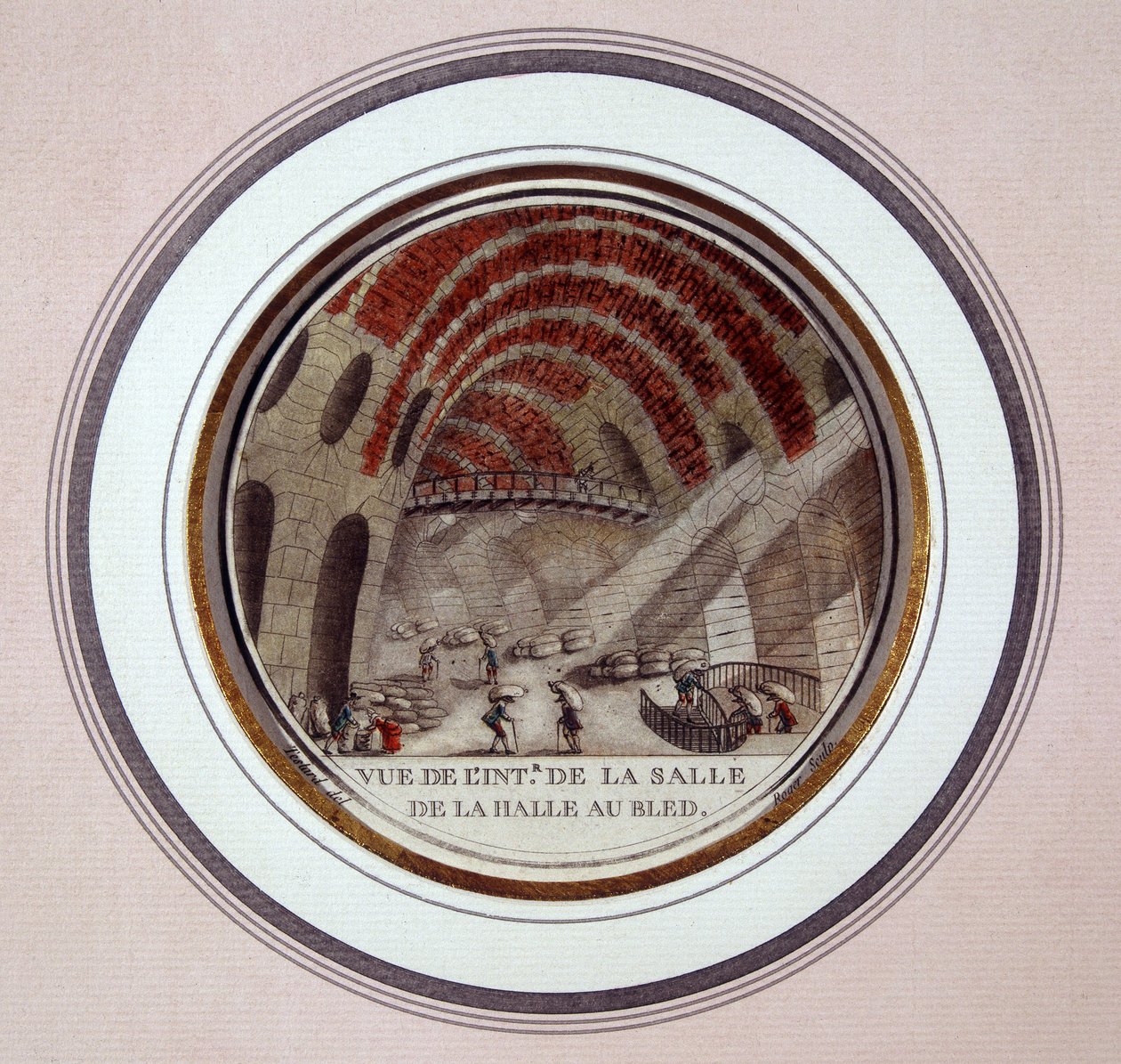Kilátás a Le Camus de Mézières által 1763 és 1766 között épített új vásárcsarnok belsejére, amely ma a párizsi tőzsde. Őrmester prittoreszk kilátásában Párizs fő épületeire alkotó: Antoine Louis Francois Sergent Marceau