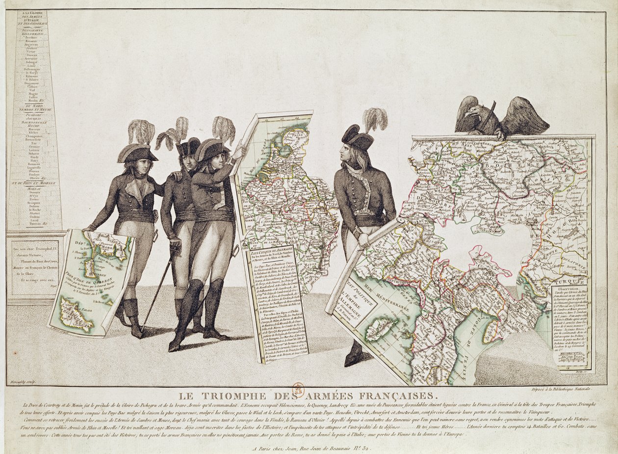 A francia hadseregek diadala, Napóleon és tábornokai a loebeni béke idején aratott győzelmeik térképét őrzik, 1797. április 18., 1797 körül alkotó: Antoine Maxime Monsaldy