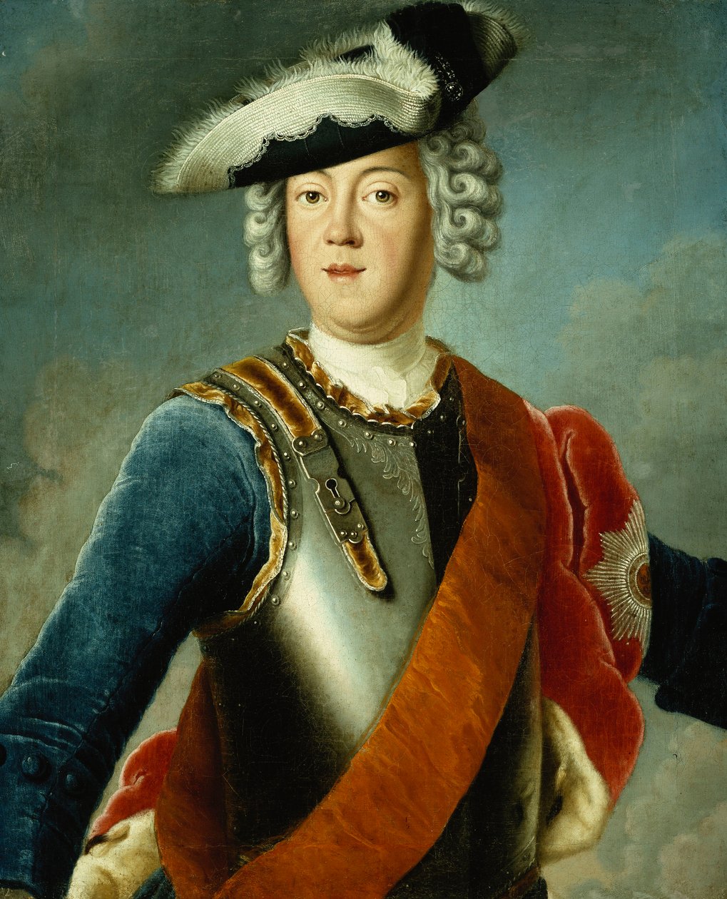Egy úriember portréja, állítólag August William, félhosszú, kék kabátot, fehér inget és páncélos melltartót visel alkotó: Antoine Pesne