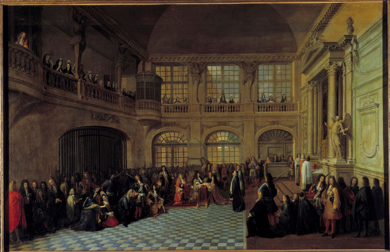 XIV. Lajos király a versailles-i kastély kápolnájában Dangeau márki, az újraegyesült Notre Dame du Mont Carmel és Szent Lázár rendek nagymesterének esküjét veszi át a versailles-i kastély kápolnájában 1695.12.18-án. Philippe de Courcillon, de Dangeau márki alkotó: Antoine Pezey
