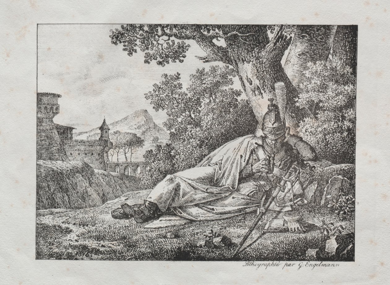 Litográfiai esszék gyűjteménye: Füstölgő sárkány egy fa tövében fekszik, 1822. alkotó: Antoine Pierre Mongin