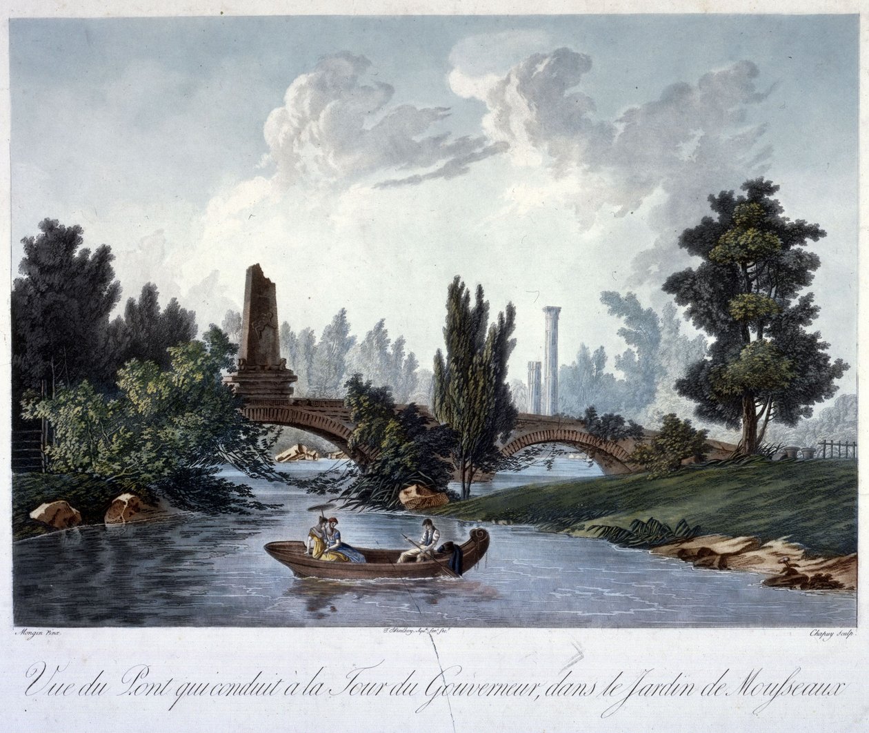 Híd a Tour du Gouverneur-hez a Parc Monceau-ban, Chapuy metszete (akvatinta) alkotó: Antoine Pierre after Mongin