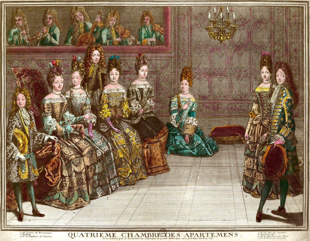 Táncolj XIV. Lajos (1638-1715) családjának apartmanjainak negyedik hálószobájában 1696 körül a versailles-i apartman estéin: Chartres hercege a menüt Mademoiselle-vel táncolja Maine hercegnőjének, a vidék hercegének jelenlétében. B alkotó: Antoine Trouvain
