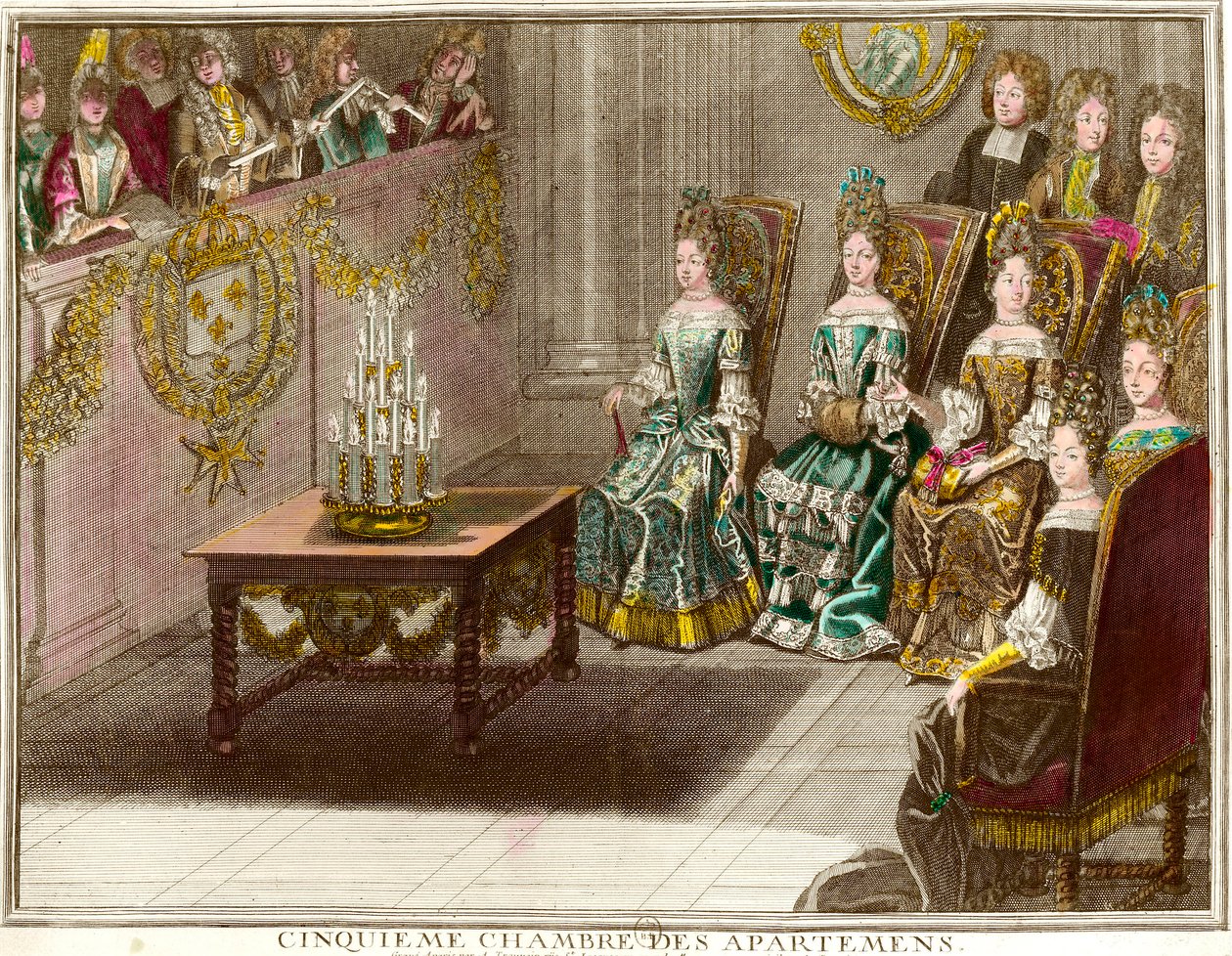 Zenei előadás XIV. Lajos (1638-1715) családi apartmanjainak ötödik hálószobájában a versailles-i apartman estéin 1694 körül Antoine Trouvain (1656-1708) metszete 1694 kb. Magángyűjtemény alkotó: Antoine Trouvain